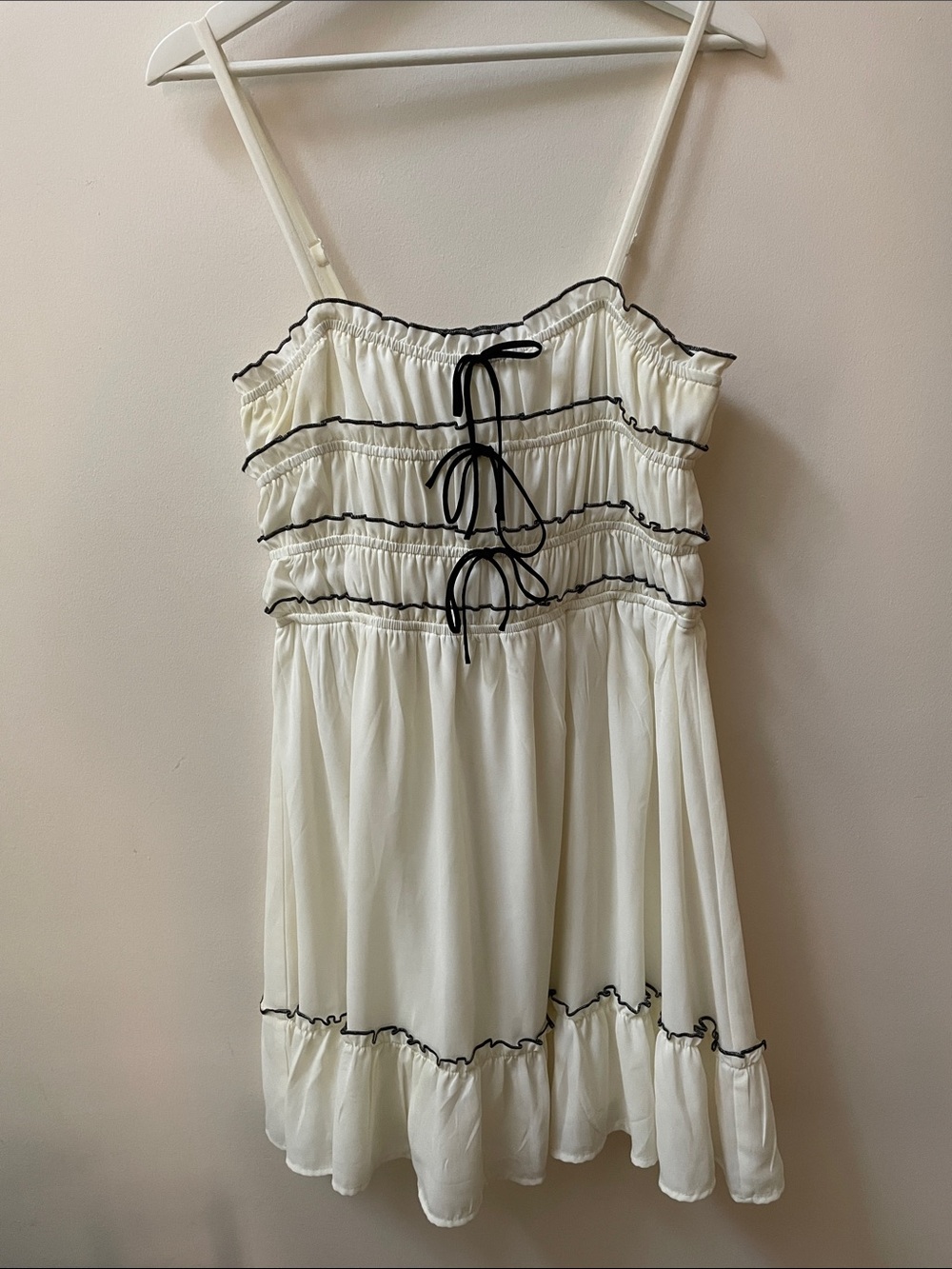 Thirty / Thirty Cream Ruffle Spaghetti Strap Sundress with Black Trim
